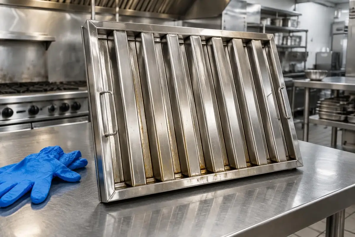 Commercial kitchen baffle grease filter showing residue along its channels