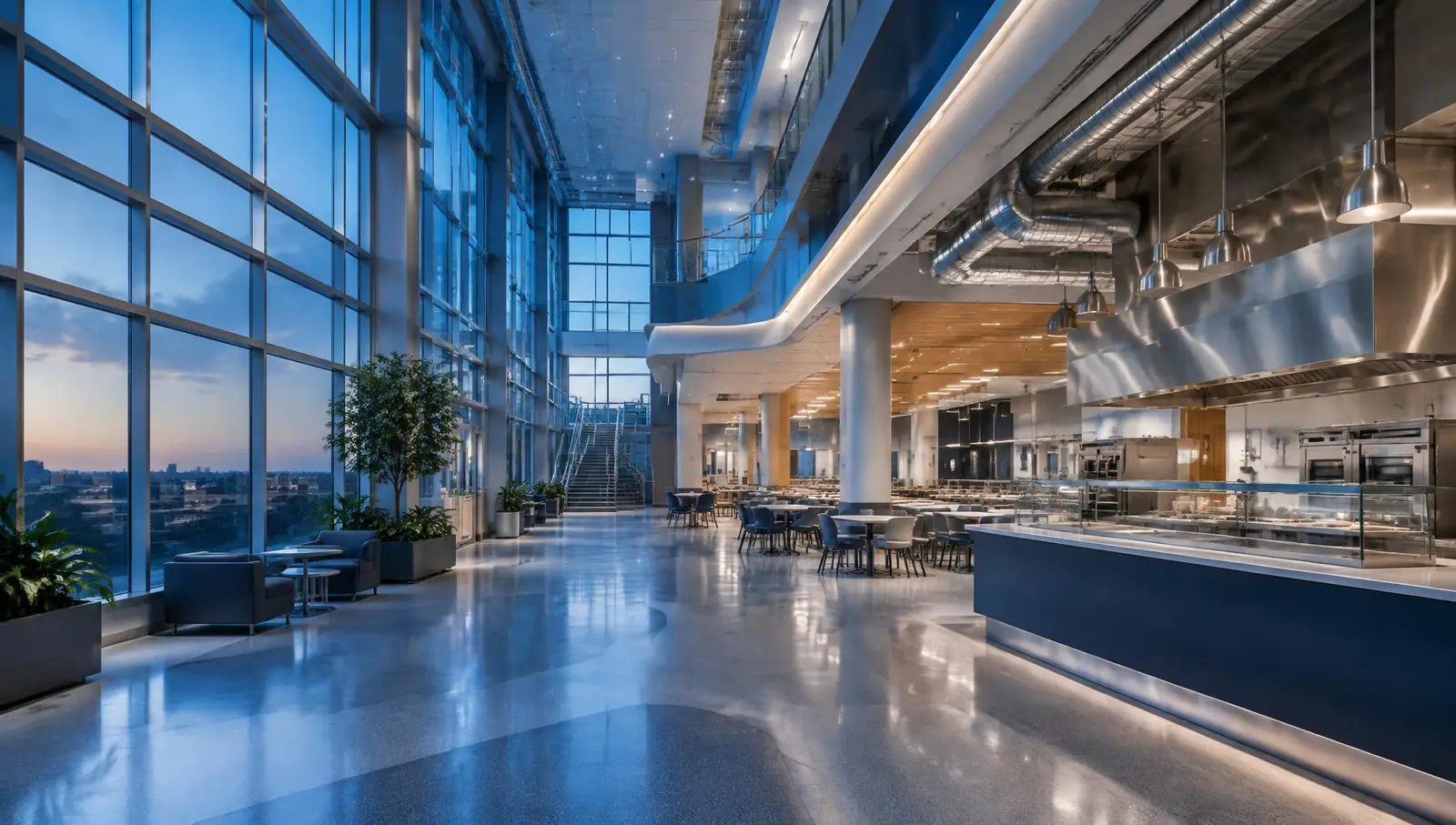 Illustration of a large commercial building with exposed HVAC ductwork and a stainless kitchen canopy