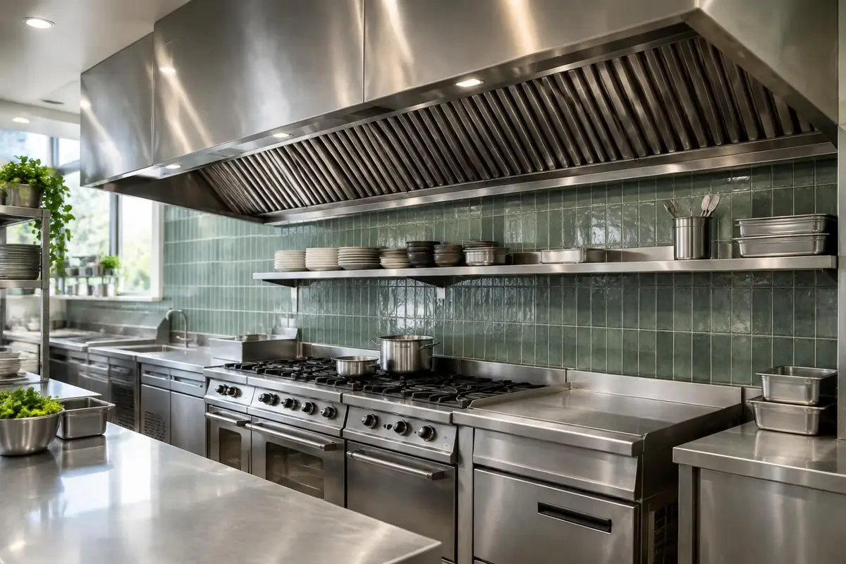 Stainless steel commercial kitchen exhaust canopy above a restaurant cookline