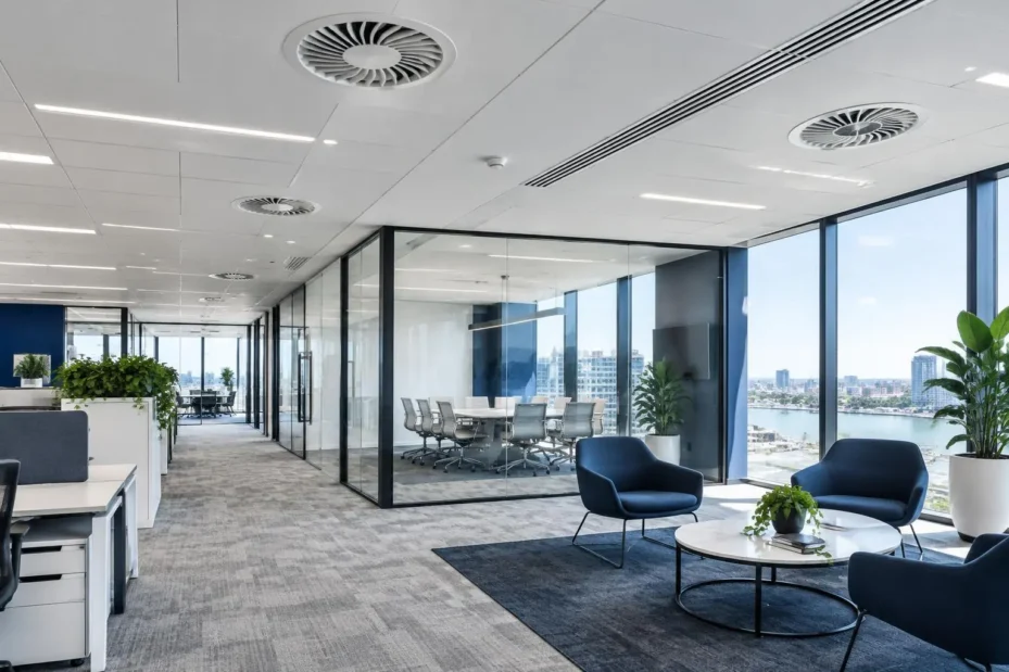 Commercial office with ceiling ventilation diffusers