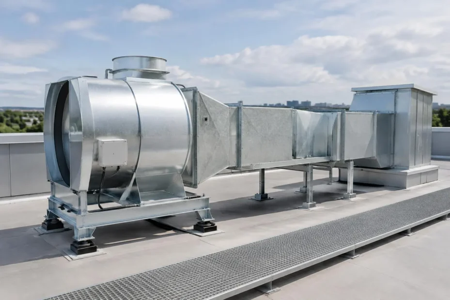 Roof-mounted exhaust fan and connected commercial ductwork