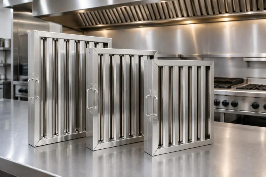 Stainless steel baffle grease filters beside a commercial kitchen canopy