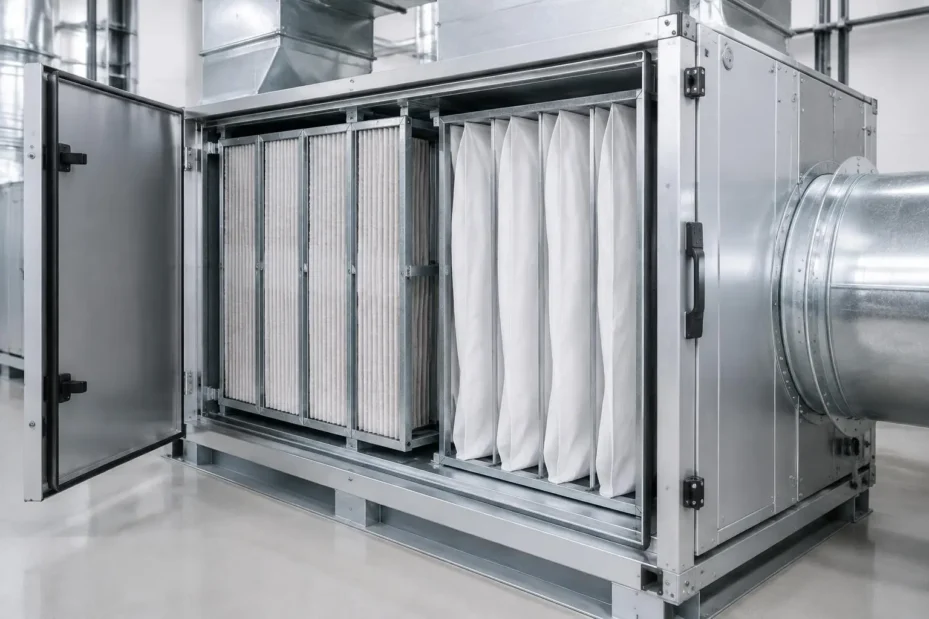 Filter bank inside a commercial air handling unit