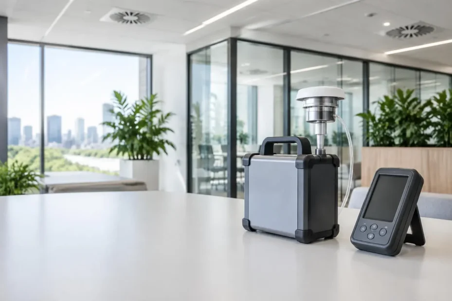 Representative indoor air quality sampling equipment in a commercial office