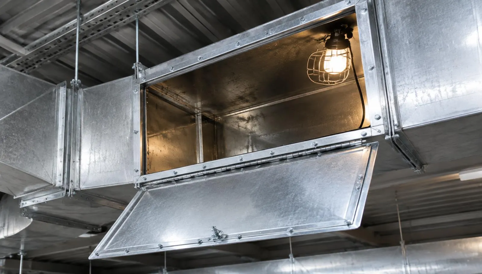 Sealed access hatch installed in kitchen exhaust ductwork