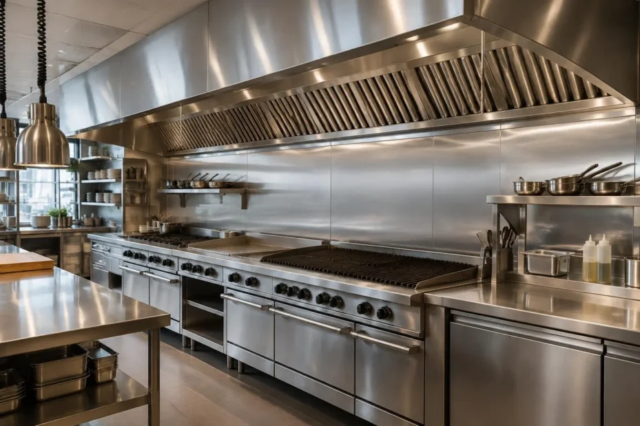 Commercial kitchen cooking line and stainless steel exhaust canopy