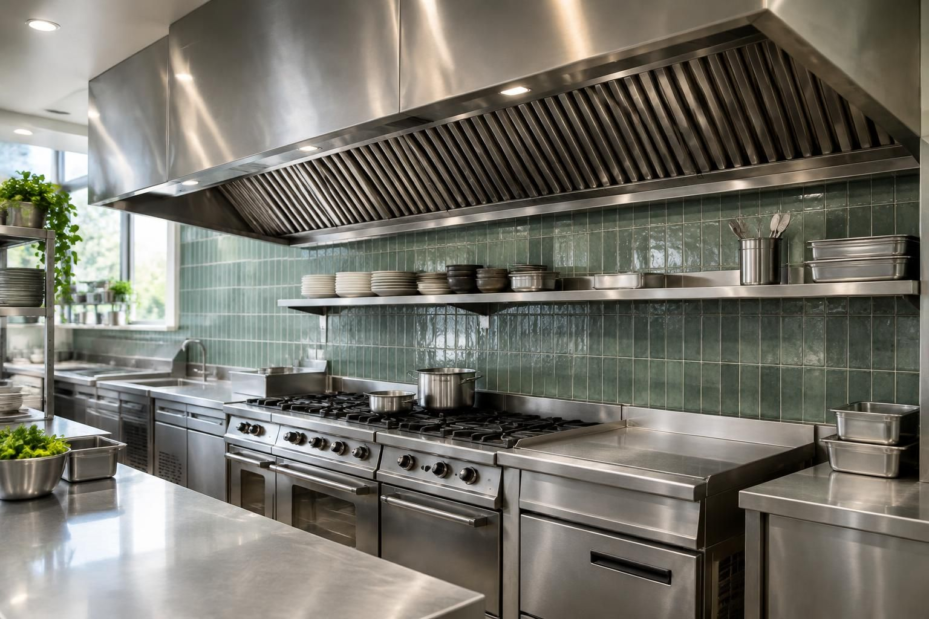 Stainless steel commercial kitchen exhaust canopy above a restaurant cookline