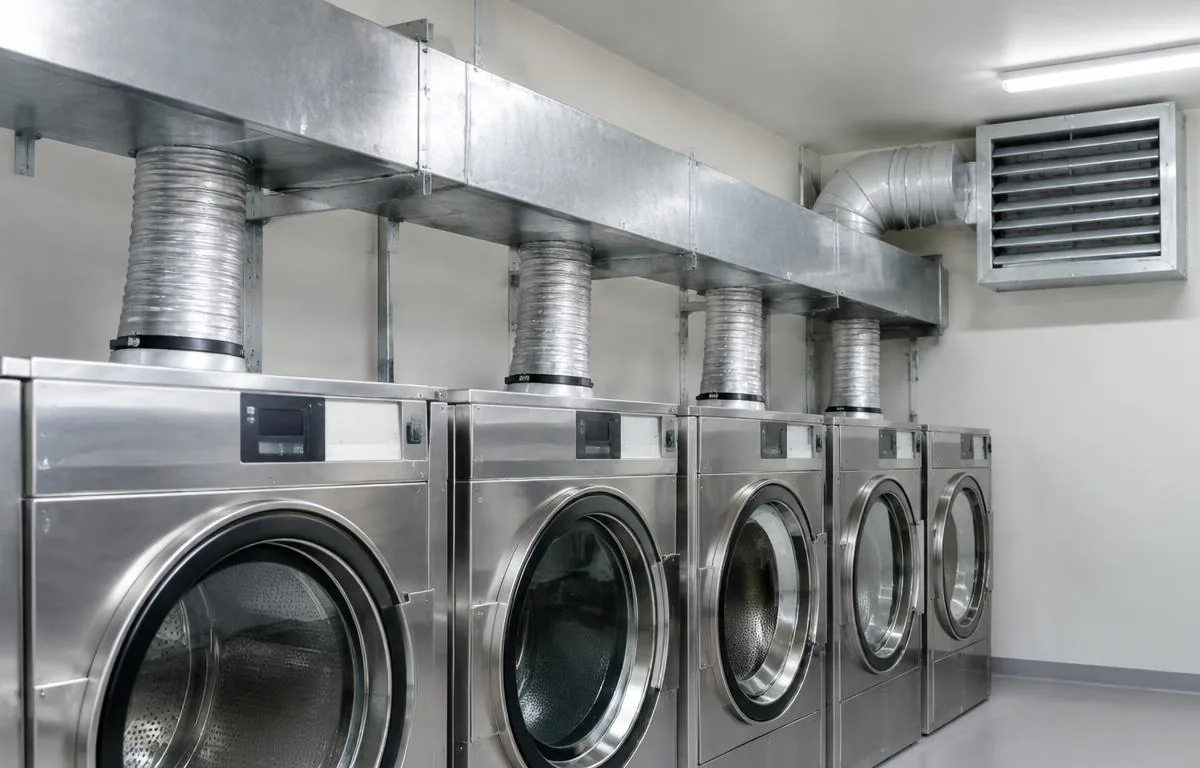 Illustration of a commercial laundry with dryer extraction ducting and ventilation grilles