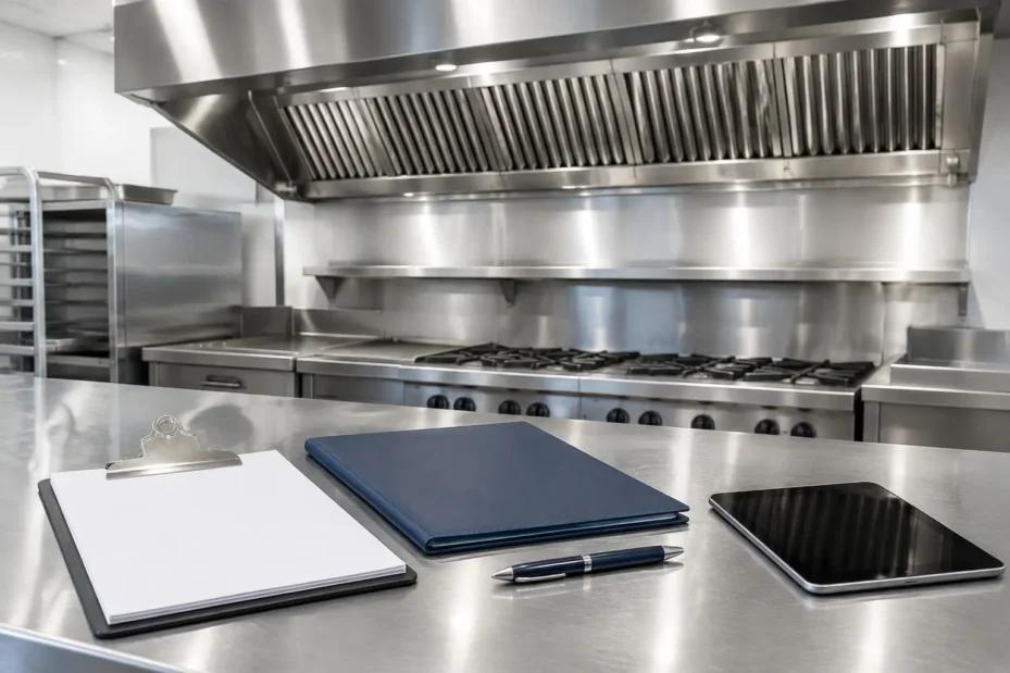 Kitchen exhaust maintenance documentation beside a commercial cooking line